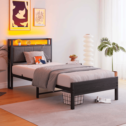 Cama 90x200cm - Estrutura com luzes LED, cabeceira com USB, lâminas metálicas, silenciosa - Preto