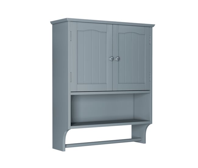 Armario de pared baño - 2 puertas con estantes abiertos y toallero - gris claro