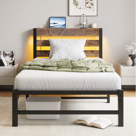Cama individual 90x200 - LED, USB, arrumação debaixo da cama, metal - Preto e Castanho
