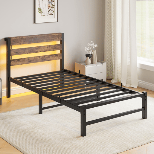 Cama individual 90x200 - LED, USB, arrumação debaixo da cama, metal - Preto e Castanho