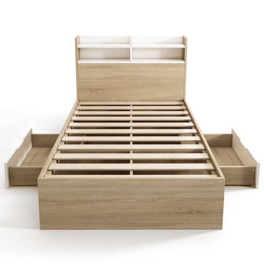 Cama individual 90x200 - 2 gavetas, prateleiras, cabeceira com arrumação - BrancoCarvalho