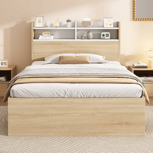 Cama individual 90x200 - 2 gavetas, prateleiras, cabeceira com arrumação - BrancoCarvalho