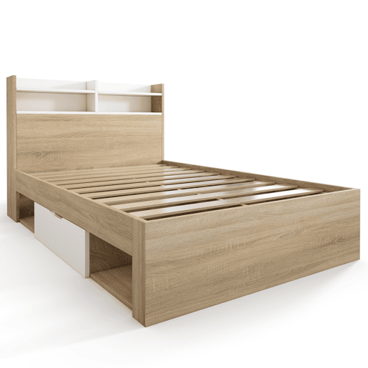 Cama individual 90x200 - 2 gavetas, prateleiras, cabeceira com arrumação - BrancoCarvalho