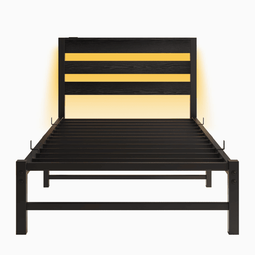 Cama individual 90x200 - LED, USB, arrumação debaixo da cama - Preto