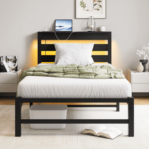 Cama individual 90x200 - LED, USB, arrumação debaixo da cama - Preto