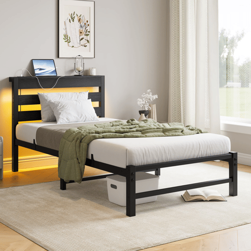 Cama individual 90x200 - LED, USB, arrumação debaixo da cama - Preto