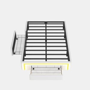 Cama 90x200 - com gavetas, sem cabeceira, LED, plataforma metálica, PU - Branco