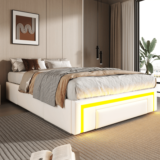 Cama 90x200 - com gavetas, sem cabeceira, LED, plataforma metálica, PU - Branco