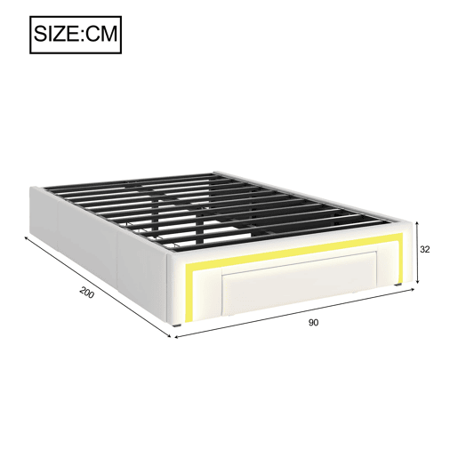Cama 90x200 - com gavetas, sem cabeceira, LED, plataforma metálica, PU - Branco