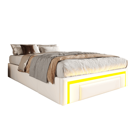 Cama 90x200 - com gavetas, sem cabeceira, LED, plataforma metálica, PU - Branco