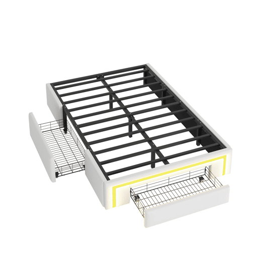 Cama 90x200 - com gavetas, sem cabeceira, LED, plataforma metálica, PU - Branco