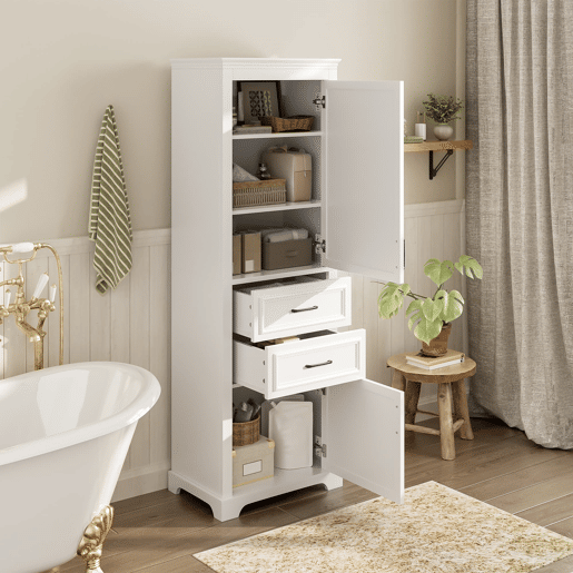 Armário alto de casa de banho 60x40x180 cm - 2 gavetas, prateleiras ajustáveis, fecho suave - branco