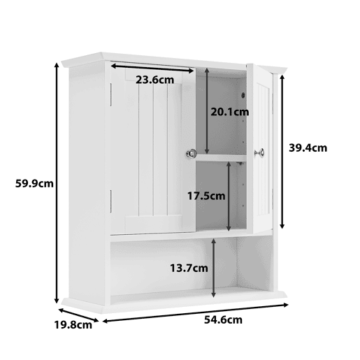 Armário de parede para casa de banho - porta dupla e prateleiras ajustáveis - branco