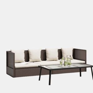 vidaXL Espreguiçadeira jardim c almofadão+almofadas vime PE castanho