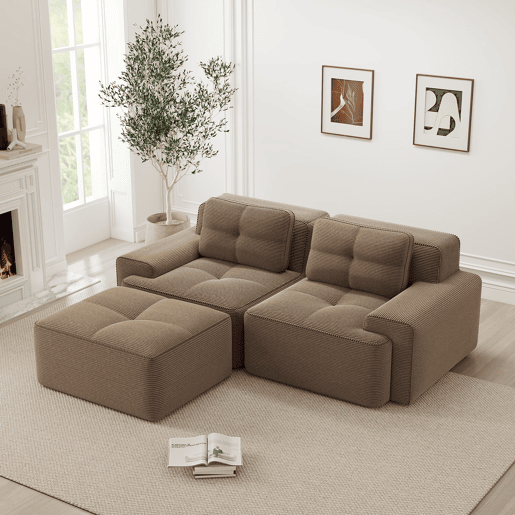 Sofá modular Boneless de 2 lugares - em forma de L, profundo, confortável, com otomano e estofado em veludo cotelê - castanho