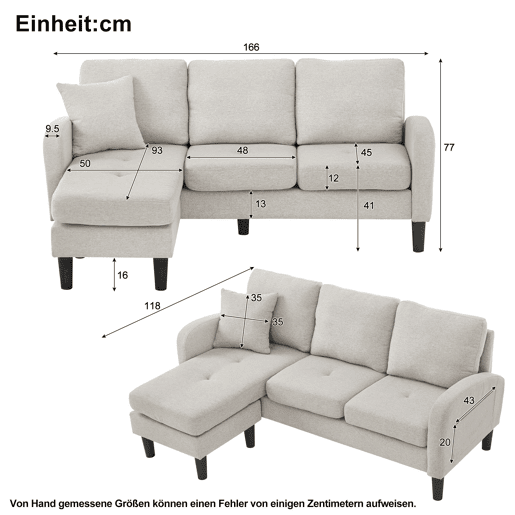 Sofá de canto em L 3 lugares 166x118x77 cm - modular com chaise longue - Cinza claro