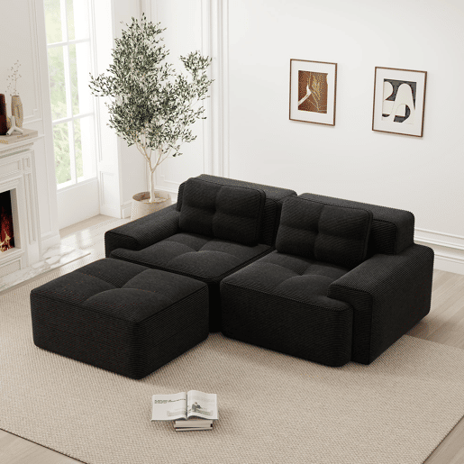 Sofá modular L 2 lugares - Assento profundo, Veludo cotelê, com otomano, sofá-cama - Preto