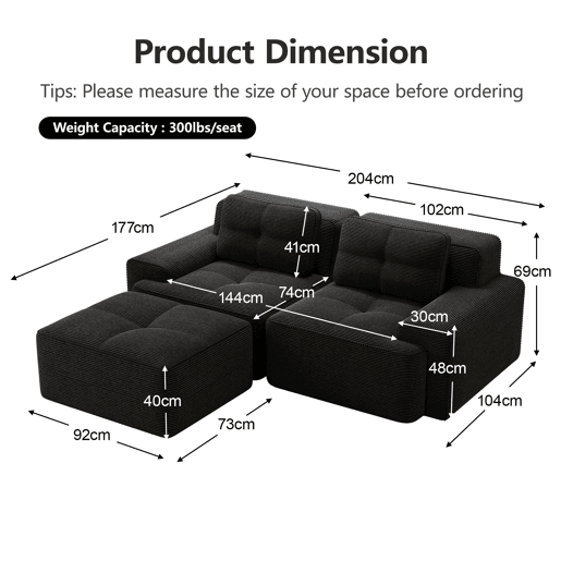 Sofá modular L 2 lugares - Assento profundo, Veludo cotelê, com otomano, sofá-cama - Preto