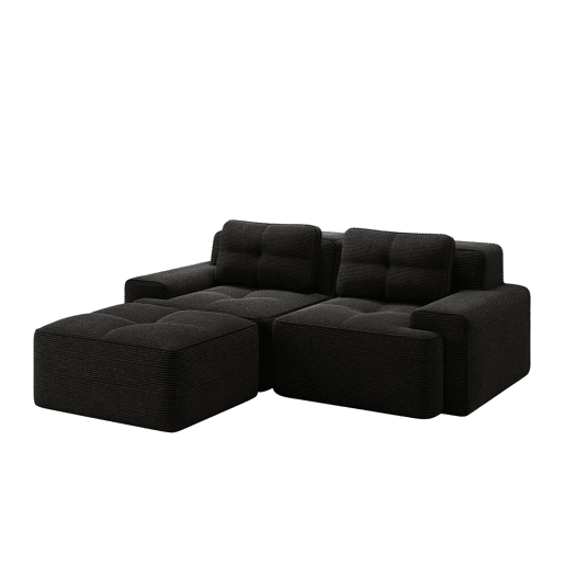 Sofá modular L 2 lugares - Assento profundo, Veludo cotelê, com otomano, sofá-cama - Preto