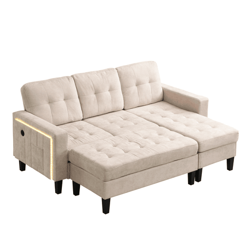 Sofá modular L 3 lugares - com pufe extragrande e luzes LED - Bege