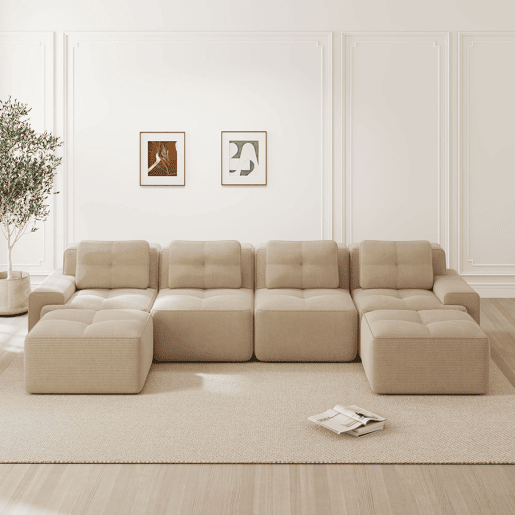 Sofá modular de 4 lugares - Chaise longue em U, confortável, estofado, antiderrapante - Bege