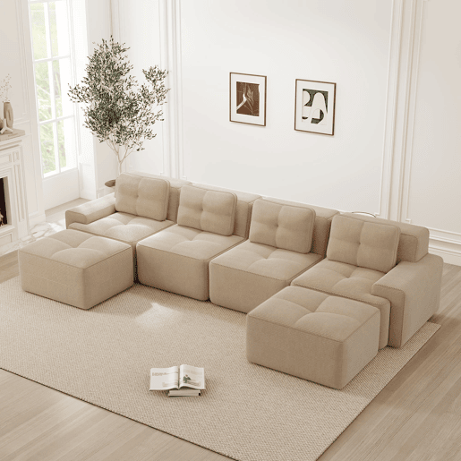 Sofá modular de 4 lugares - Chaise longue em U, confortável, estofado, antiderrapante - Bege