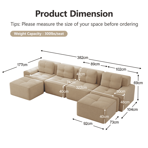 Sofá modular de 4 lugares - Chaise longue em U, confortável, estofado, antiderrapante - Bege