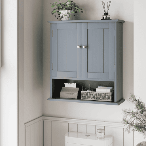 Armário de casa de banho com 2 portas - prateleiras abertas, armário para medicamentos de parede - cinzento claro