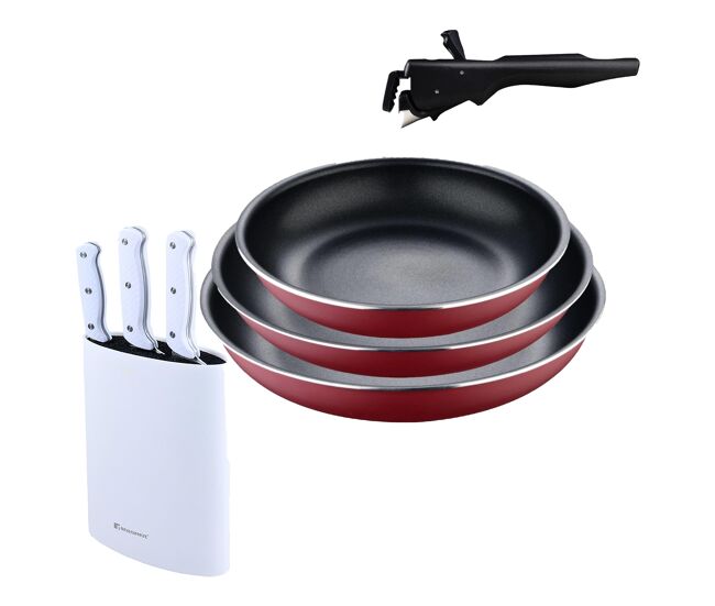 Bergner click&cook juego de 3 sartenes ø18ø20ø24cm aluminio prensado rojo con mango extraíble+set de 3 cuchillos con tacoma en acero inoxidable