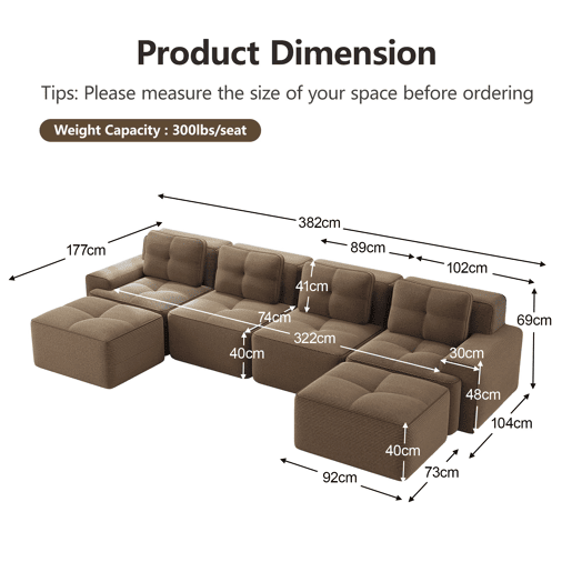 Sofá modular Boneless 4 lugares - Profundo, acolchoado, sem montagem, antiderrapante - Castanho