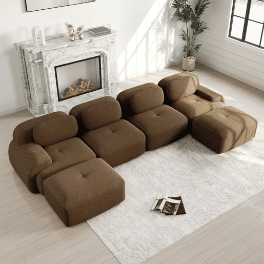 Sofá modular U 4 lugares - Cord respirável, acolchoado 32D, braços largos, ergonómico e adequado para animais de estimação - Castanho