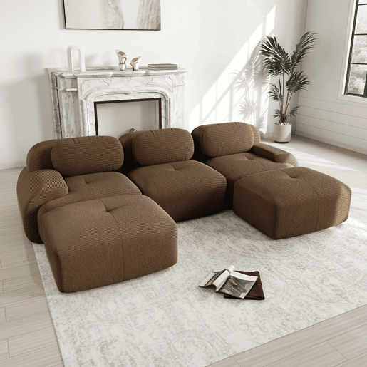 Sofá modular de 3 lugares - Veludo cotelê premium, rústico e antiderrapante, braços extra largos - Castanho
