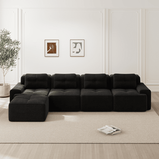 Sofá modular de 4 lugares em L - chaise longue profunda sem montagem - preto