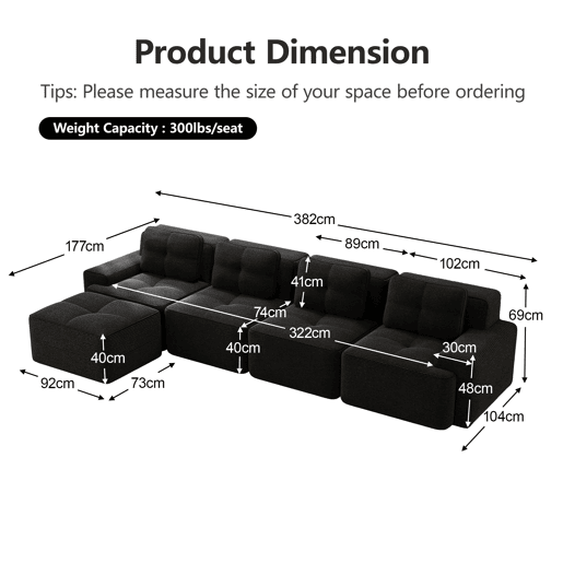 Sofá modular de 4 lugares em L - chaise longue profunda sem montagem - preto