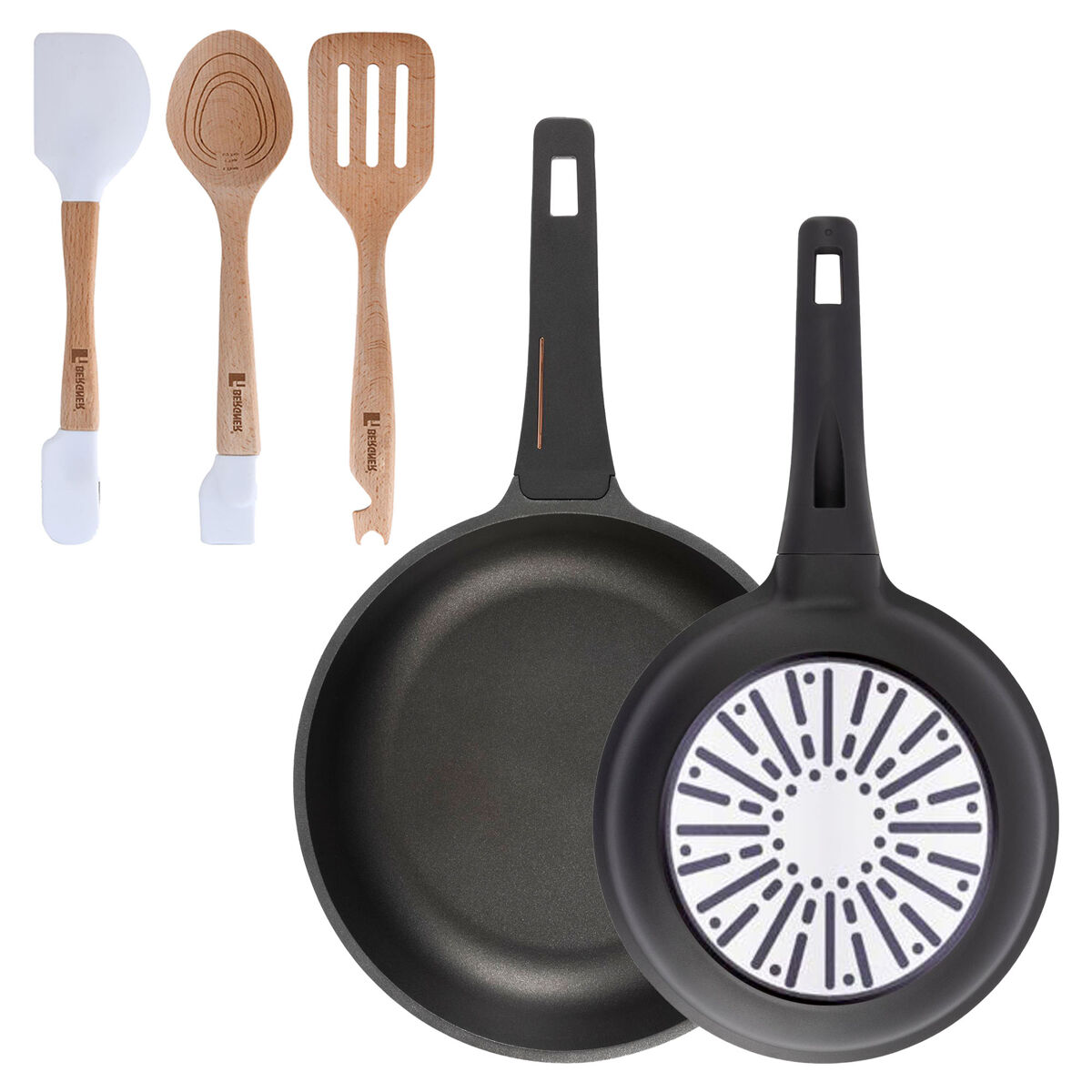 Bergner juego de 2 sartenes ø24ø28cm en aluminio fundido con mango de baquelita+juego de 3 utensilios de cocina en silicona y madera