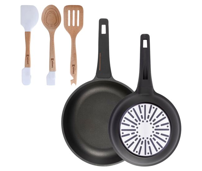 Bergner juego de 2 sartenes ø24ø28cm en aluminio fundido con mango de baquelita+juego de 3 utensilios de cocina en silicona y madera