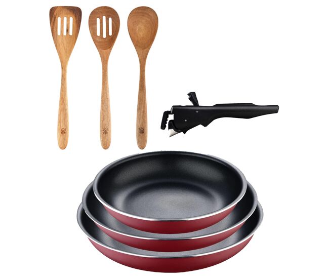 Bergner click&cook juego de 3 sartenes ø18ø20ø24cm aluminio prensado rojo con mango extraíble+set 3pcs utensilios de cocina acacia