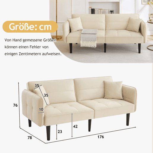 Sofá de 2 lugares - Reclinável, braços rebatíveis, função sofá - Bege