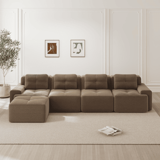 Sofá modular de 4 lugares - Boneless, chaise longue L, assento profundo, antiderrapante - Castanho