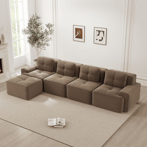Sofá modular de 4 lugares - Boneless, chaise longue L, assento profundo, antiderrapante - Castanho