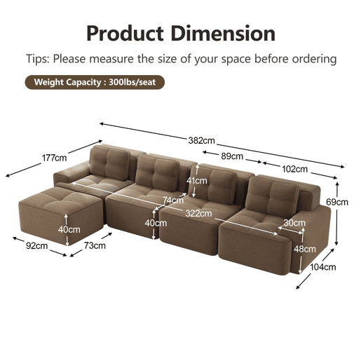 Sofá modular de 4 lugares - Boneless, chaise longue L, assento profundo, antiderrapante - Castanho