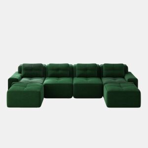 Sofá modular Boneless 4 lugares - Chaise longue em U, assento profundo, estofado em veludo cotelê, antiderrapante - Verde