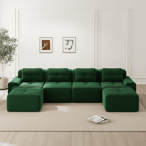 Sofá modular Boneless 4 lugares - Chaise longue em U, assento profundo, estofado em veludo cotelê, antiderrapante - Verde