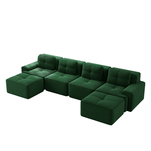 Sofá modular Boneless 4 lugares - Chaise longue em U, assento profundo, estofado em veludo cotelê, antiderrapante - Verde