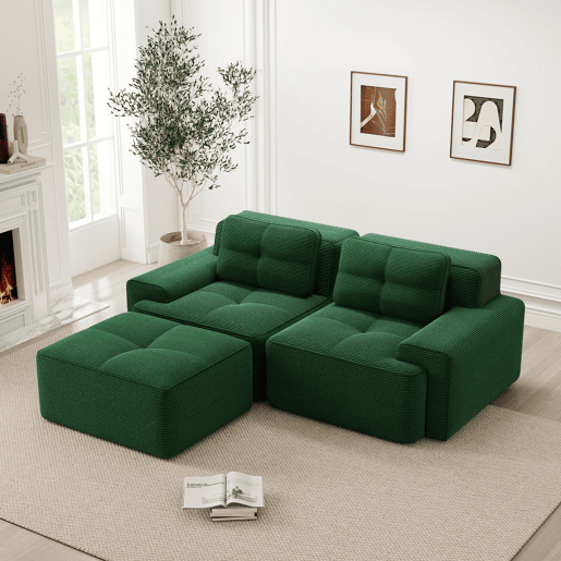Sofá modular Boneless de 2 lugares - em forma de L, assento profundo, confortável, com otomano - Verde