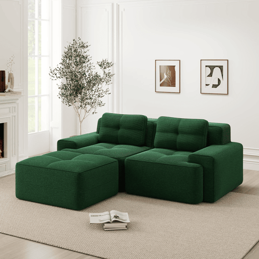 Sofá modular Boneless de 2 lugares - em forma de L, assento profundo, confortável, com otomano - Verde