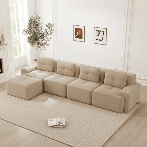 Sofá modular de 4 lugares - Chaise longue longa, assento profundo, confortável, antiderrapante - Bege