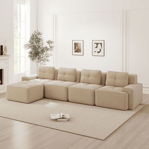 Sofá modular de 4 lugares - Chaise longue longa, assento profundo, confortável, antiderrapante - Bege