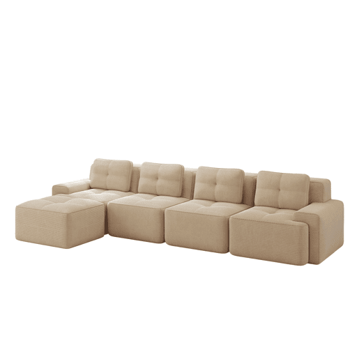 Sofá modular de 4 lugares - Chaise longue longa, assento profundo, confortável, antiderrapante - Bege