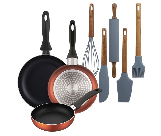 Well home set de 3 sartenes ø16ø20ø24cm de aluminio prensado en cobre metalizado+set de 5 utensilios de cocina de silicona y madera de acacia